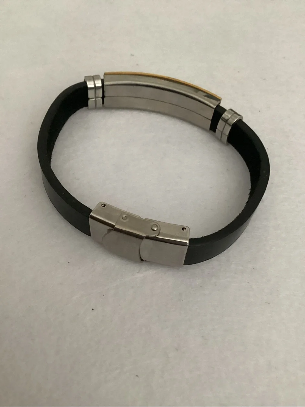Men's Black Silicone Stainless Steel Bracelet with Gold & Silver Accent Plate